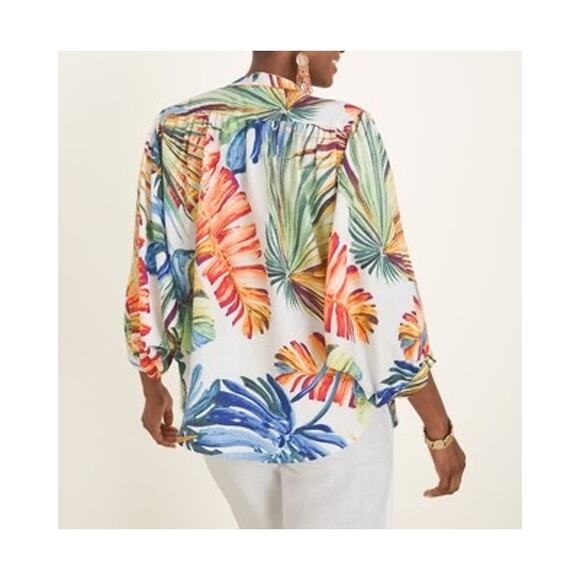 Chicos Palm Print Top Womens 1 Medium Resort Vacation Tropical Relaxed Billowy - Picture 6 of 11